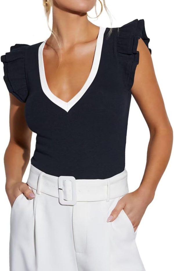 Feminine Women's V-Neck Lotus Leaf Sleeve Knitted Short-Sleeve T-Shirt