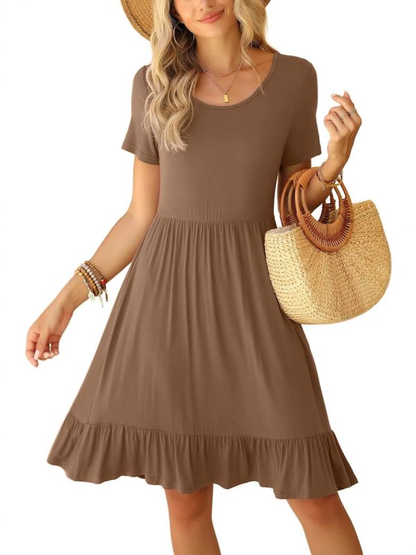 Timeless Women's Round-Neck Short-Sleeved Pleated High-Waist A-Line Dress