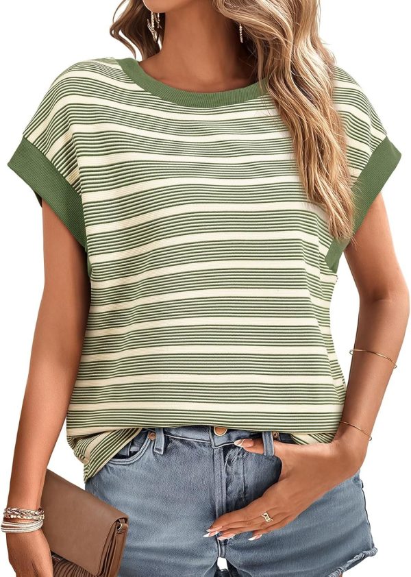 Comfortable Women's Loose Short-Sleeved Striped Ribbed Round-Neck T-Shirt