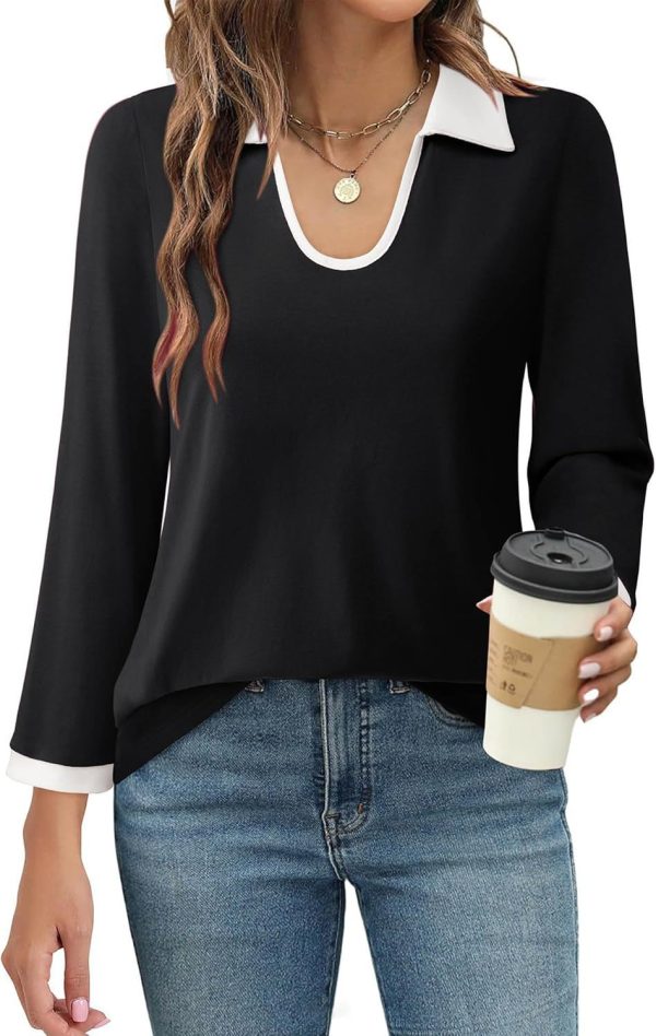 Women's Color-Blocked Lapel Long-Sleeve Slim-Fit V-Neck T-Shirt