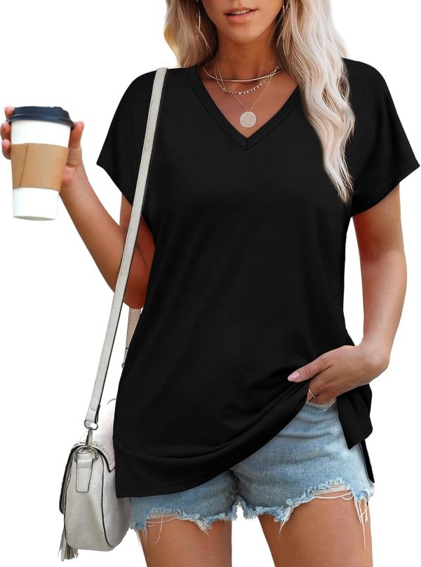 Casual Women's Mid-Length Loose Sleeve V-Neck Ribbed T-Shirt