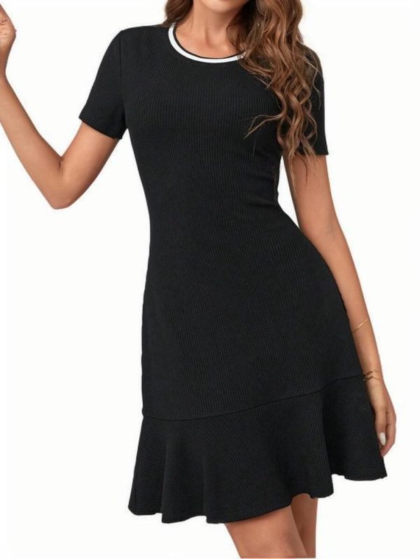 Sleek Women's Sexy Slim-Fit Round-Neck Short-Sleeve A-Line Dress